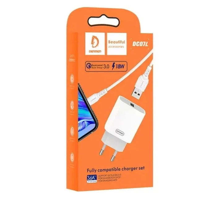 Kućni punjač Denmen DC07L fast 18W 3.6A USB-A sa lighting kablom