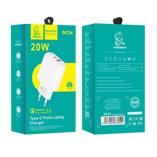 Kućni punjač Denmen DC26 fast 20W USB-A + Type C