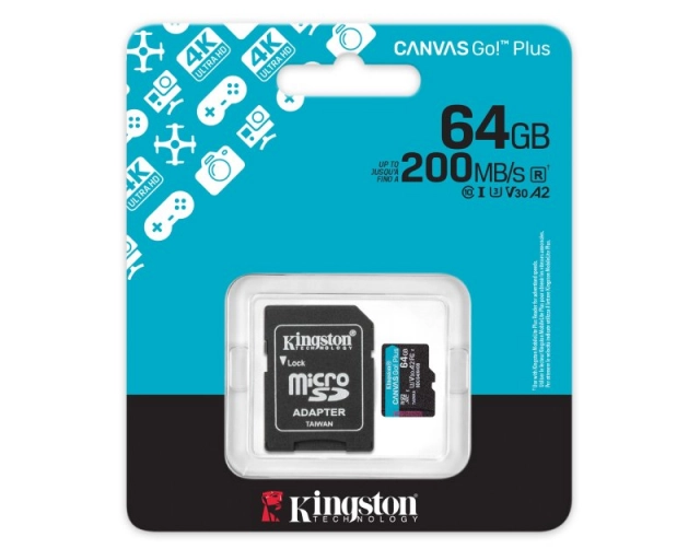 Micro SD Card 64GB Kingston+SD adapter SDCG4/64GB -  200/160 MB/s