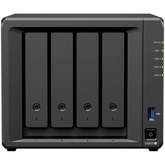 Synology DiskStation DS925+ Tower, 4-Bays 3.5'' SATA HDD/SSD, 2 x M.2 2280 NVMe SSD slot, CPU AMD Ryzen V1500B 4-core 2.2 GHz, 4 GB DDR4 ECC SODIMM, 2x RJ-45 2.5 GbE LAN Port; 2x USB 3.2; 1 xUSB Type-C expansion port; 2.26 kg; 3yr warranty