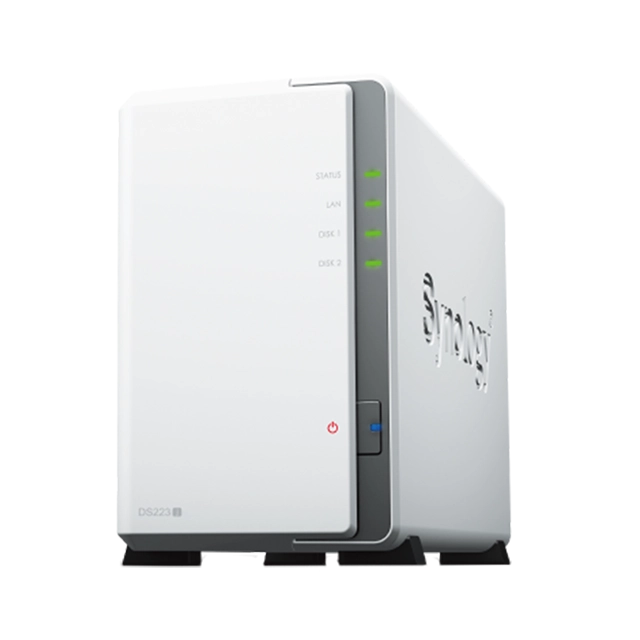 Synology DS223j, Tower, 2-bays 3.5'' SATA HDD/SSD, CPU 4-core 1.7 GHz; 1 GB DDR4 non-ECC; 1 x RJ-45 1GbE LAN Port; 2 x USB 3.2 Gen1; ; 0.88 kg; 2yr warranty