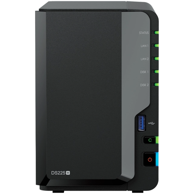 Synology DS225+, Tower, 2-bays 3.5'' SATA HDD/SSD, CPU Inte Celeron J4125 4-core (4-thread) 2.0 GHz, burst up to 2.7 GHz, 2 GB DDR4 non-ECC (expandable up to 6 GB), 1xRJ-45 1GbE LAN, 1xRJ-45 2.5 GbE LAN, 2xUSB 3.2 Gen 1, 1.3 kg, 3yr warranty