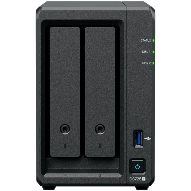 Synology DS725+, Tower, 2-Bays 3.5'' SATA HDD/SSD, 2 x M.2 2280 NVMe SSD, CPU AMD Ryzen R1600 dual-core (4-thread), max. boost up to 3.1 GHz, 4 GB DDR4 ECC SODIMM, 1 x 2.5 GbE, 1 x 1GbE, 1 x USB 3.2, 1 x eSATA USB-C, 1.51 kg, 3y