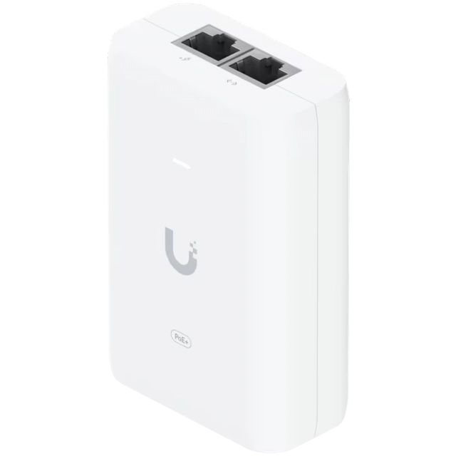 Ubiquiti U-POE+ adapter 30W, powers UniFi PoE+ devices, reduce dependency on PoE switch power, Contains RJ45 data input, AC cable with earth ground, and PoE+ output