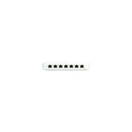 Ubiquiti USW-Ultra-210W-EU compact, Layer 2, 8-port GbE PoE switch with versatile mounting options, 7x GbE PoE+ output ports, GbE port with optional PoE++ input, 202W PoE availability with the included AC power adapter