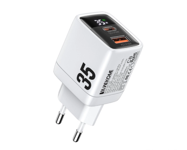 WEKOME WP-U25 Super brzi Strujni GaN Punjač, 2-porta USB (3.0 i 3.1 Tip-C) 35W, sa displejom, beli 