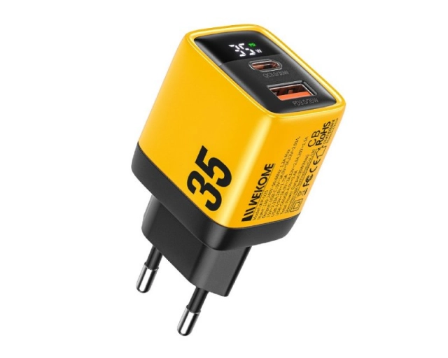 WEKOME WP-U25 Super brzi Strujni GaN Punjač, 2-porta USB (3.0 i 3.1 Tip-C) 35W, sa displejom, žuti 