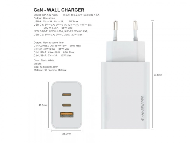 Zidni punjac FULMOVA GAN PD/25W/bela sa USB-C kablom